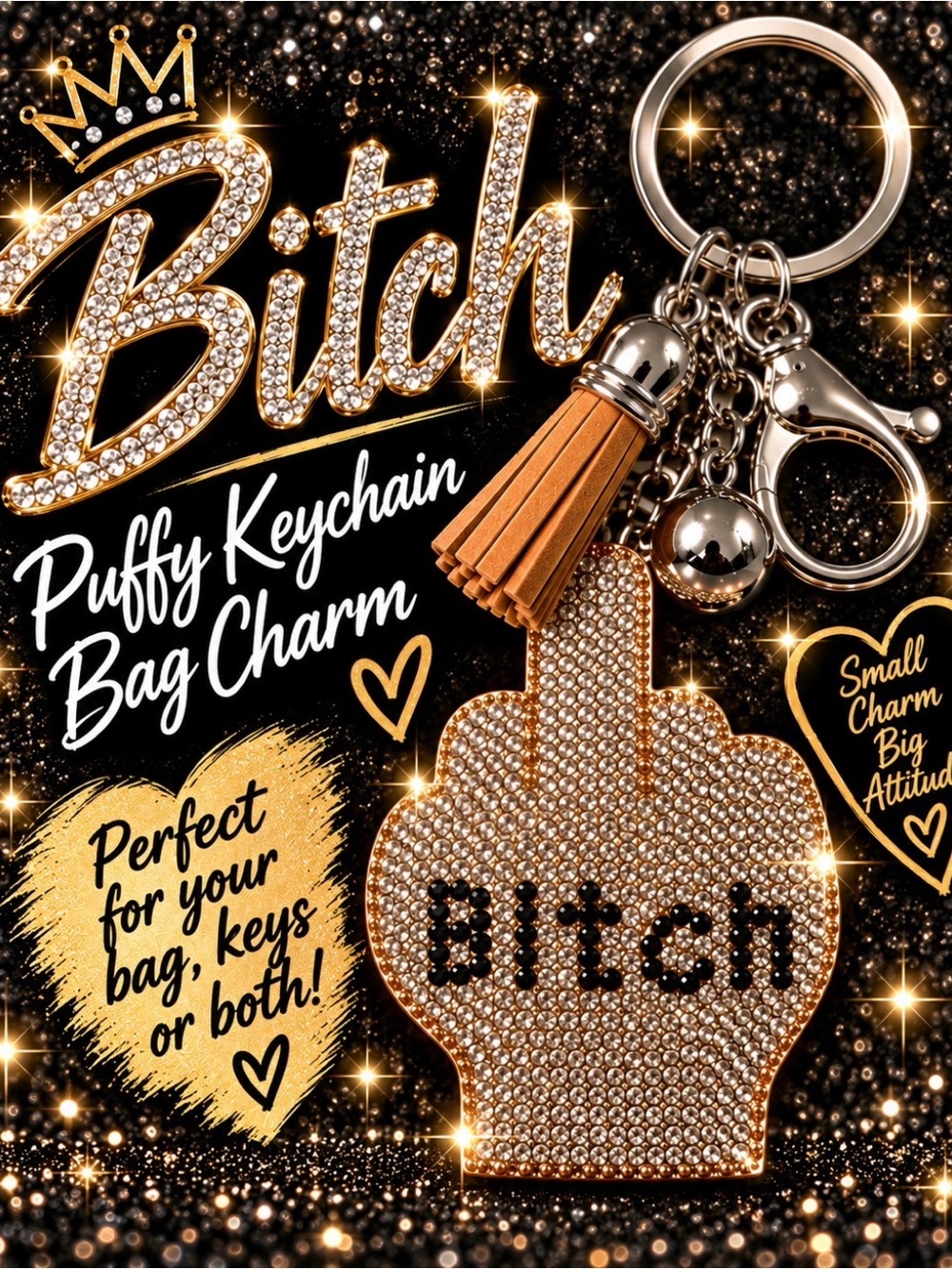 Puffy Rhinestone 'B*tch' Middle Finger Keychain Bag Charm with Tassel